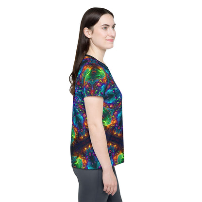 Folded view of the women's sport tee printed with the Fungus Amongus Mandala design.