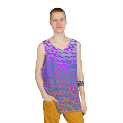 Close-up of the Flower de Life (Bottom Version) print detail on the men's tank top fabric.