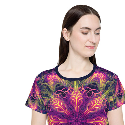 'Gatekeepers Mandala' sport tee for women, close-up of the sleeve print.