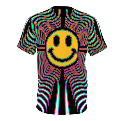 Close up of the Smileyusion print detail on the psychedelic t-shirt fabric.