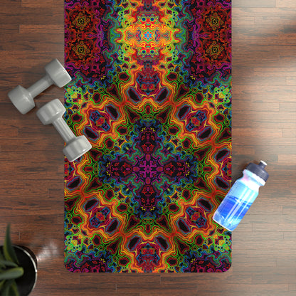 The Lysergic Burst yoga mat on a wood floor next to dumbbells and a water bottle, showing the kaleidoscope print.