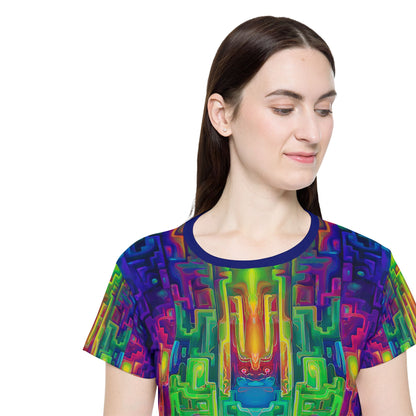 'Galaga' sport tee for women, close-up of the sleeve print.