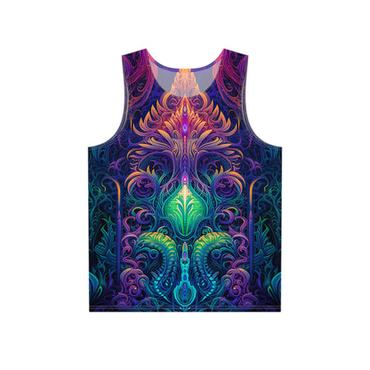 Front view of the 'Belladonna' men's tank top laid flat, showing the full all-over print design.
