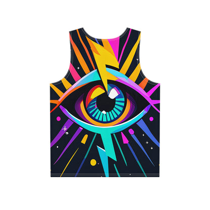 Close-up of the All Seeing Lightningz print detail on the men's tank top fabric.