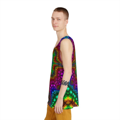 Detail shot of the Kambo visionary art print on the tank top fabric.