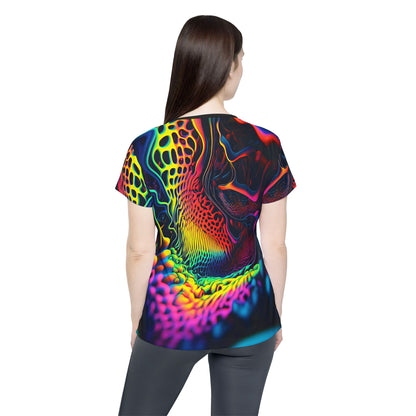 Women's sport tee in the Ferro Field psychedelic all-over print design, front view.