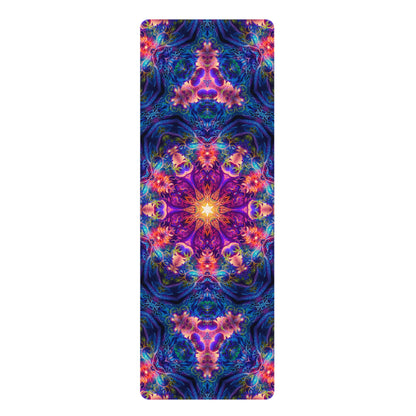 The Sacred Circle yoga mat with an edge-to-edge mandala print, suede top facing up.