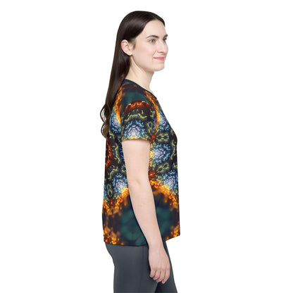 Close-up of the fabric texture on the Fractal Flower Mandala women's sport tee.