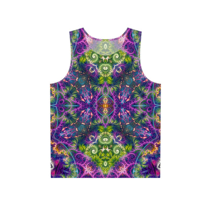 Flat lay of the 'Emergence Pattern' men's tank top showing the full psychedelic print.