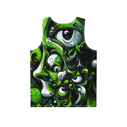 Close-up of the Only 50% Schizophrenic print detail on the men's tank top fabric.
