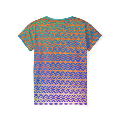 Women's sport tee in the Flower de Life sacred geometry all-over print design, close-up of the print.
