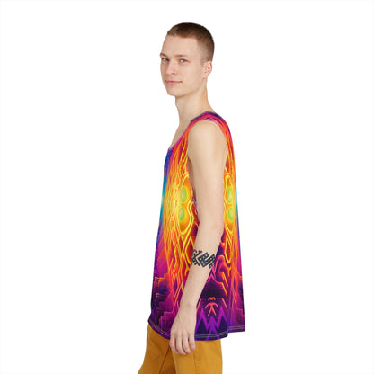 Full view of the 'Maze of Life V3' psychedelic print across this men's tank top.