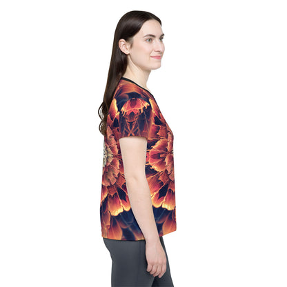 Women's sport tee in the Mandala Bloom design, worn by a model, back view.