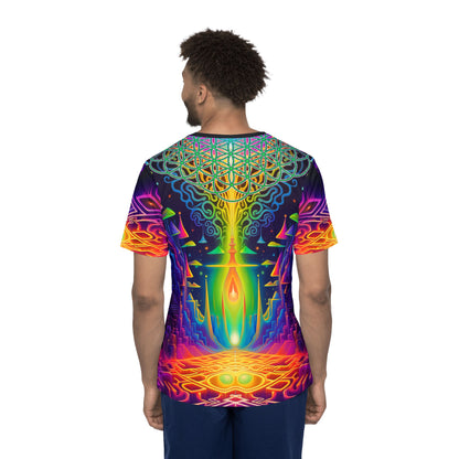Men's sport tee in the Maze of Life design, worn by a model, front view.