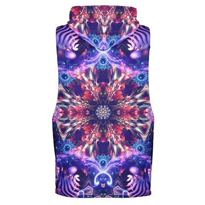 Ghost mannequin back view of the “Flow State” sleeveless hoodie, showing the all-over print.
