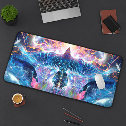 Soul Seeker desk mat laid on a desk with a keyboard and mouse for scale