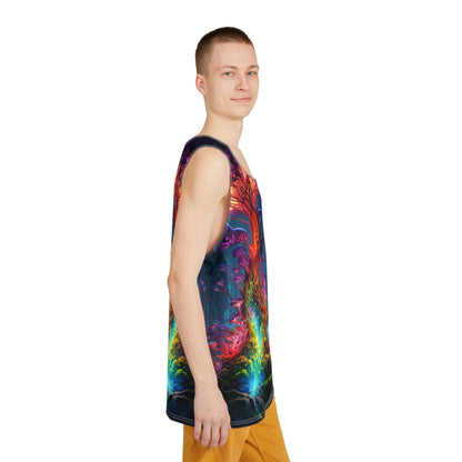 Flat lay of The Elixir men's tank top, showing the complete all-over print.