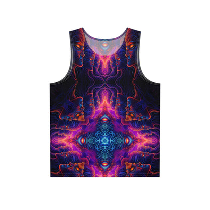 Flat lay of a men's tank top printed with The Watchers design.