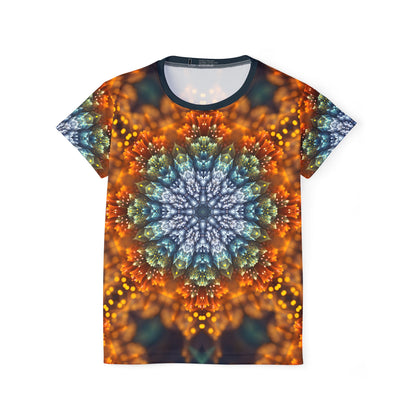 Front view of the Fractal Flower Mandala V2 print on the women's sport tee.