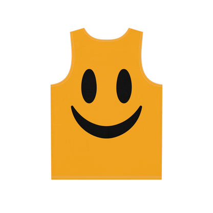 Angled view of a men's tank top featuring the 'Yellow Smiley' print.