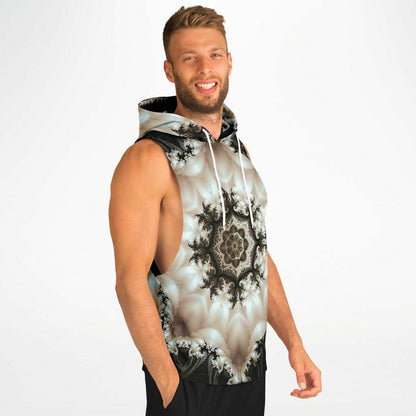 Closer side view of a model wearing the Duality sleeveless hoodie.
