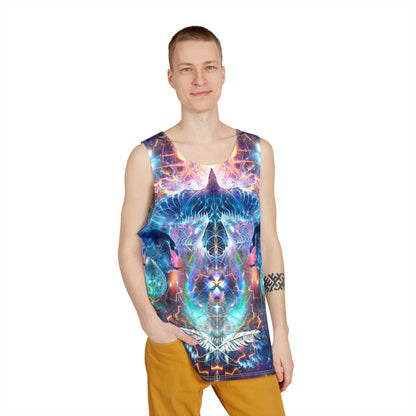 Angled view of the Soul Seeker men's tank top design.