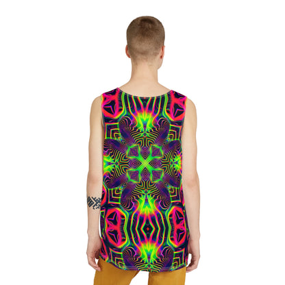 Front view of the Psypod tank top with the design printed edge to edge.