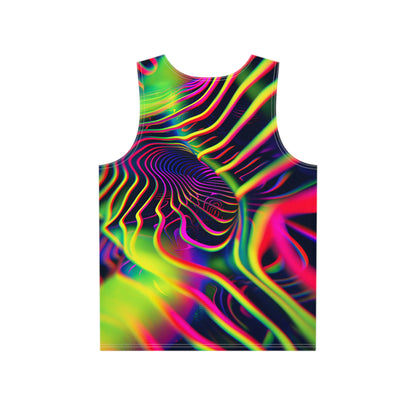Close-up of the Psychedelic Tracers V2 print detail on the men's tank top fabric.