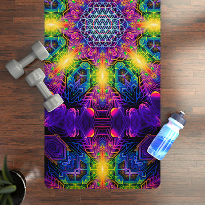 Angled view of the DMandalaT yoga mat resting on a floor.