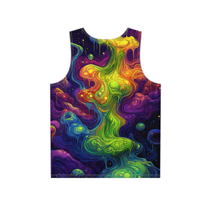 Close-up of the I Love Lava Lamp print on a men's tank top.
