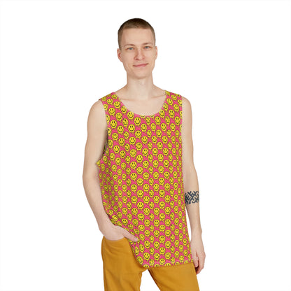 Angled view of a men's tank top featuring a yellow and pink smiley pattern.