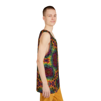 Flat lay of the Lysergic Burst tank top showing the full front design.