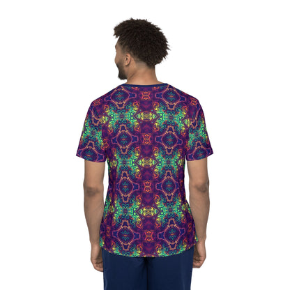 Corner detail of the McTrippy men's sport tee showing the print and seam.