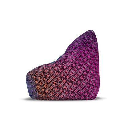 The Rainbow Flower of Life bean bag chair cover photographed low on the floor.