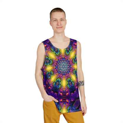 Angled view of the 'DMandalaT' men's tank top highlighting the print colors.