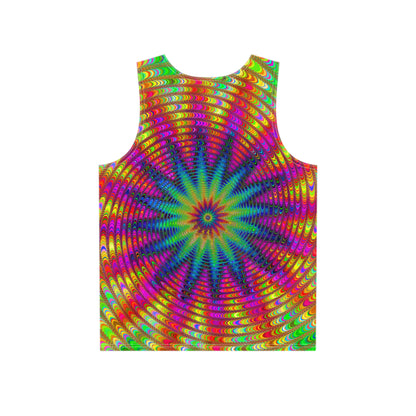 Back flat lay of the 'Tie Dye Burst' men's tank top with the print continuing across the fabric.