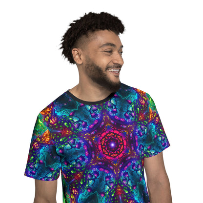 Full front and back layout of the Fungus Amongus Mandala print on the men's sport tee.
