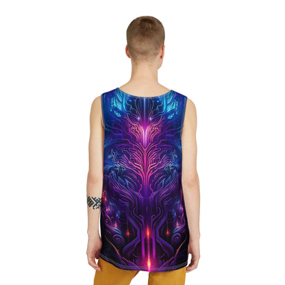 Angled view of the Midnight Spell men's tank top on display.