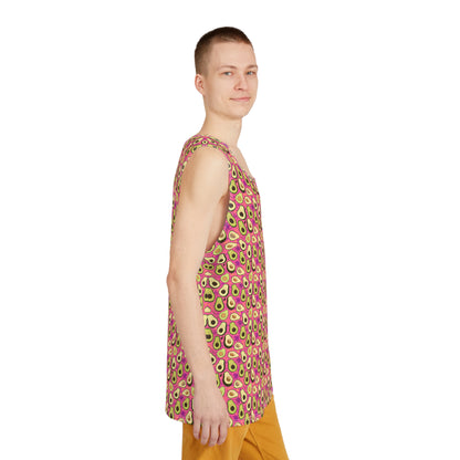 Side view of the 'Avocado Pattern' men's tank top laid flat, showing the seam and armhole trim.