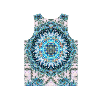 Close-up of the Return to Purity print detail on the men's tank top fabric.