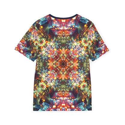 Close-up of the "Kaleidobloom" print on the men's sport tee fabric.