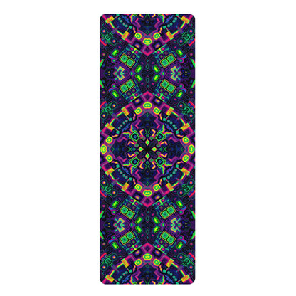 Dimensional Shift yoga mat laid flat showing the full psychedelic print edge to edge.