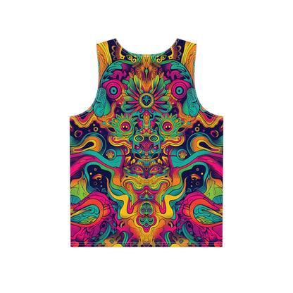 Back flat lay of the 'Totem' men's tank top with the print continuing across the fabric.