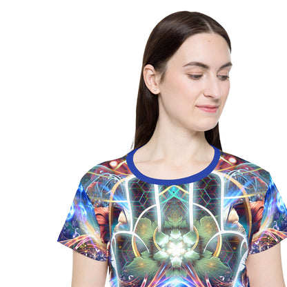 Women's sport tee in the Divine Protection psychedelic all-over print design, laid flat.
