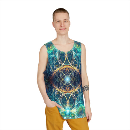 Close-up of the print detail on a 'Blossom Flip' men's tank top.