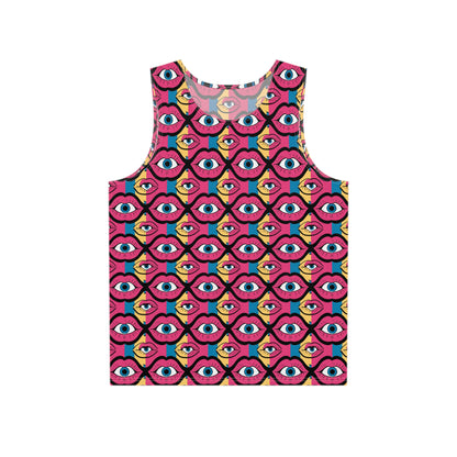 Front view of the Eyeball Lips men's tank top showing the full surreal print.