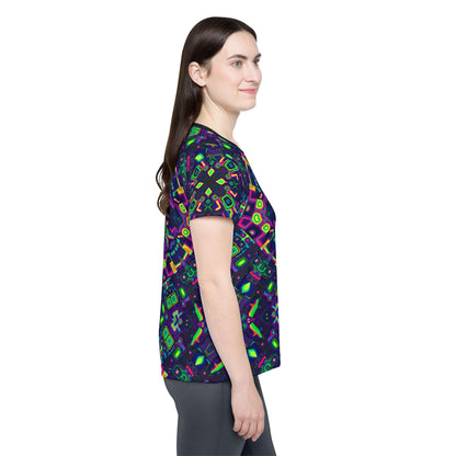 Angled view of the Dimensional Shift sport tee highlighting the print pattern.