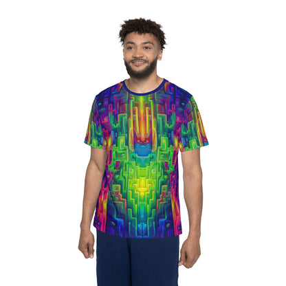 'Galaga' sport tee for men, close-up of the print detail on the fabric.