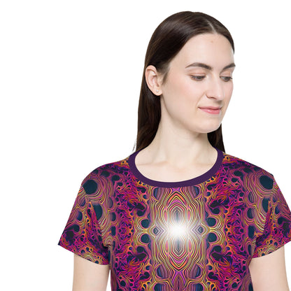 Side angle of the "Fractaleon" women's sport tee highlighting the print pattern.