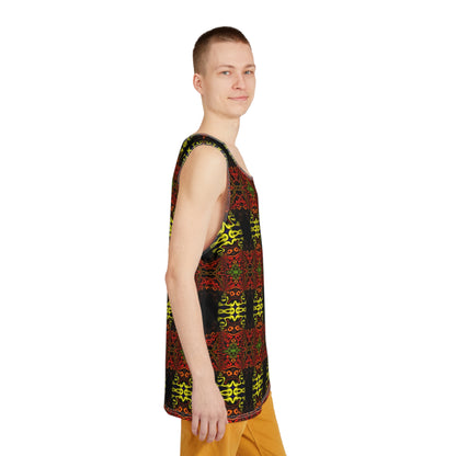 Men's tank top with the 'Voaconga' print viewed from above.